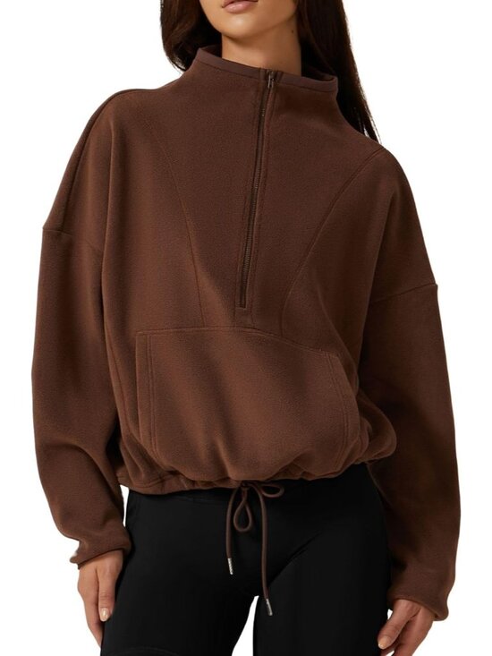 Sweaters - Women’s Chocolate Mock Neck Long Sleeve Half ZIP Fleece Pullover Sweatshirt